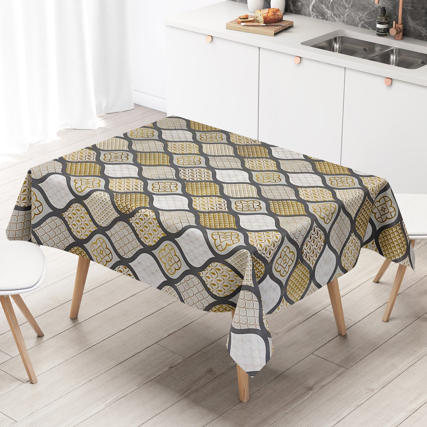KEVKUS Wachstuch Tischdecke B6014-04 gold grau Weihnachten Ornamente Orient wählbar in eckig, rund und oval -