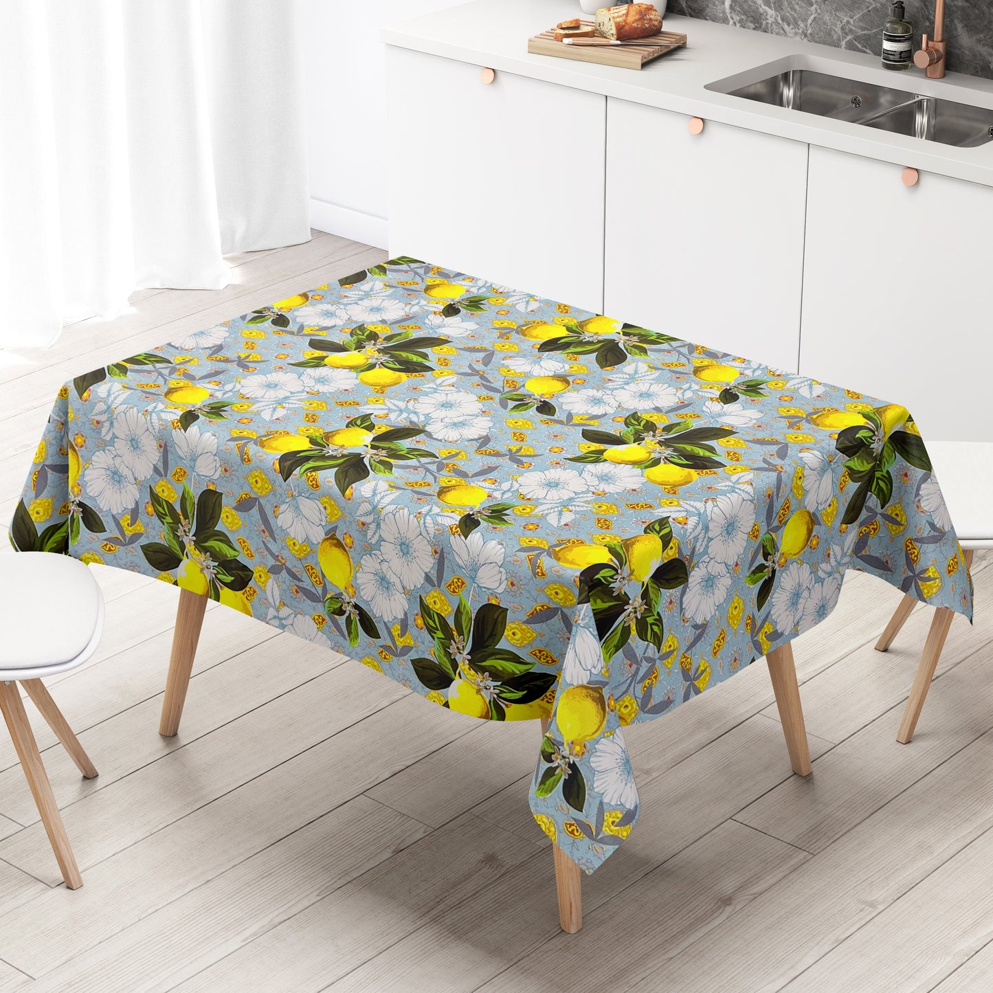 Wachstuch Tischdecke Zitronen hellblau