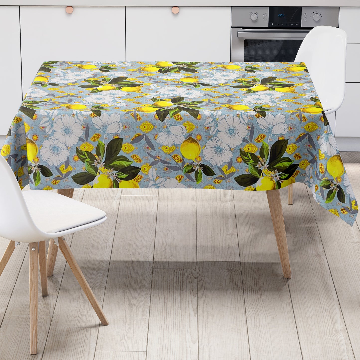 Wachstuch Tischdecke Zitronen hellblau