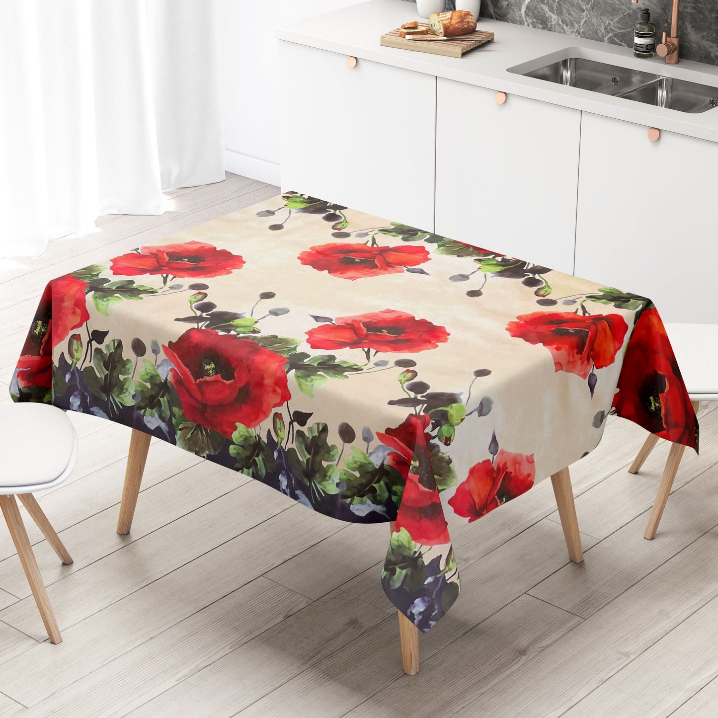 Wachstuch Tischdecke Mohnblumen beige