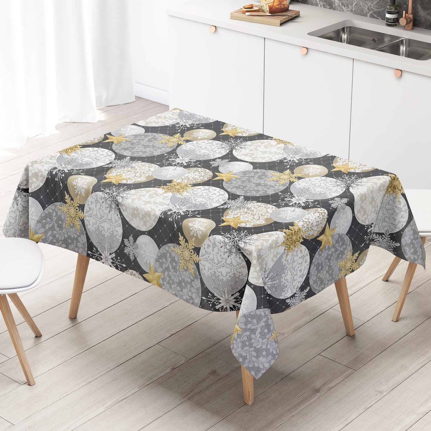 KEVKUS Wachstuch Tischdecke B7000-02 goldene Sterne grau Weihnachten Advent wählbar in eckig, rund und oval -
