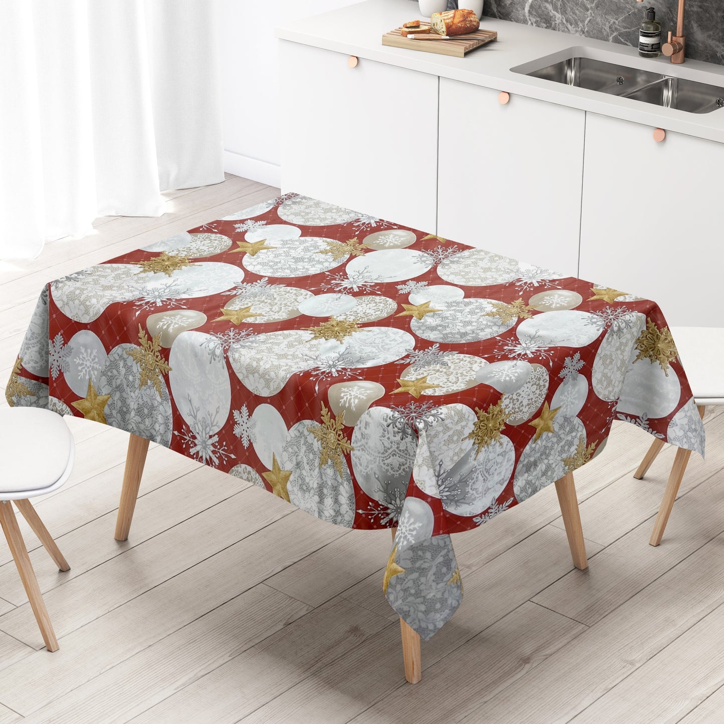 KEVKUS Wachstuch Tischdecke B7000-03 goldene Sterne rot Weihnachten Advent wählbar in eckig, rund und oval -