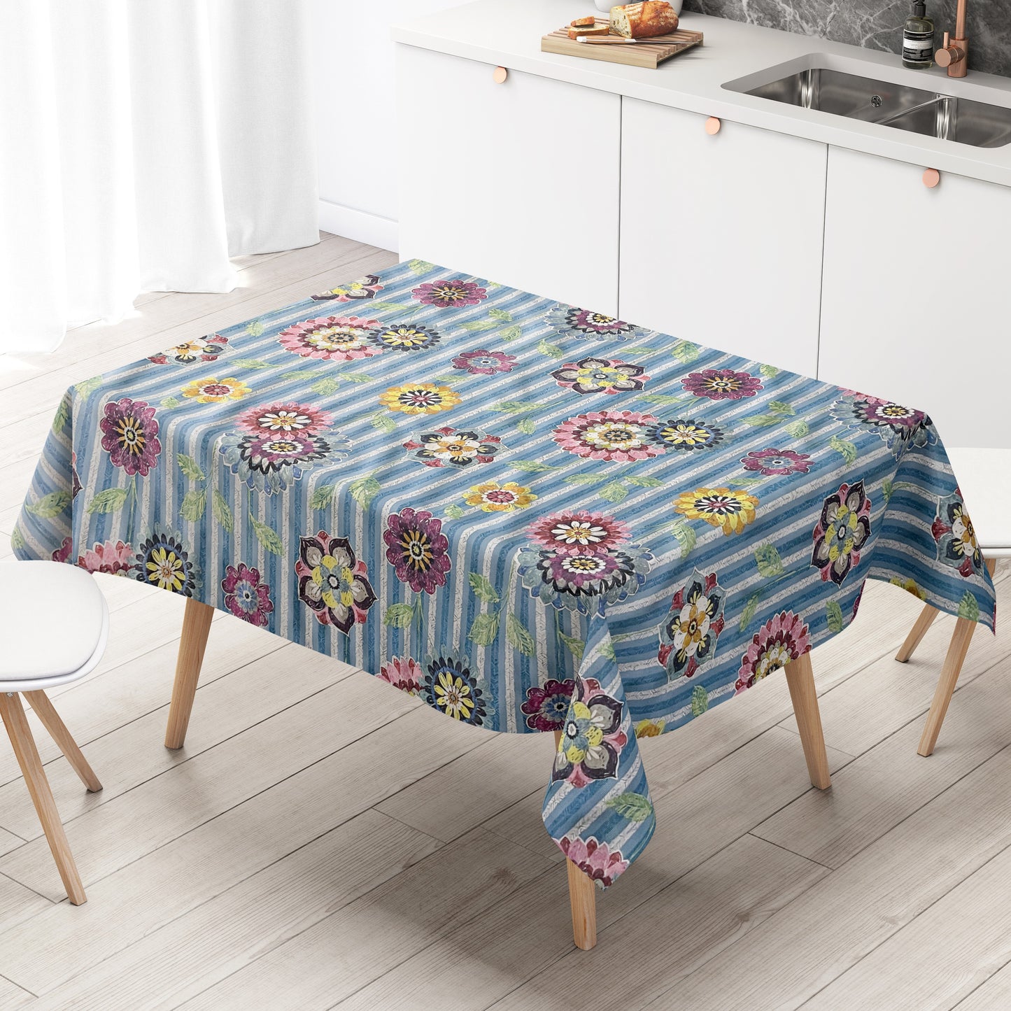 Wachstuch Tischdecke Blumen Blüten gestreift