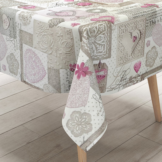 Oilcloth tablecloth C146061 pink LOVE hearts square round oval sold by the meter