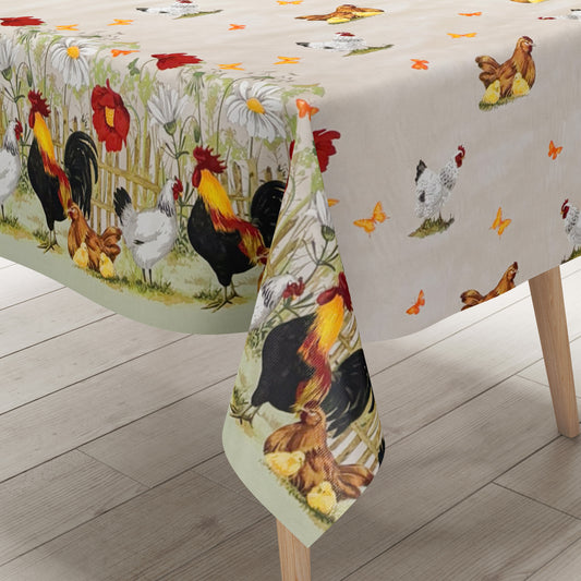 Wachstuch Tischdecke Bauernhof Hühner beige
