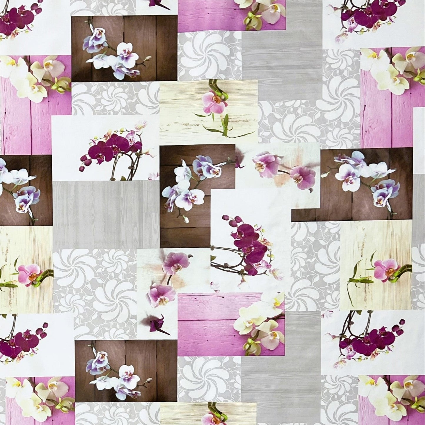 Nappe toile cirée CB60 orchidées roses sur bois carrée ronde ovale