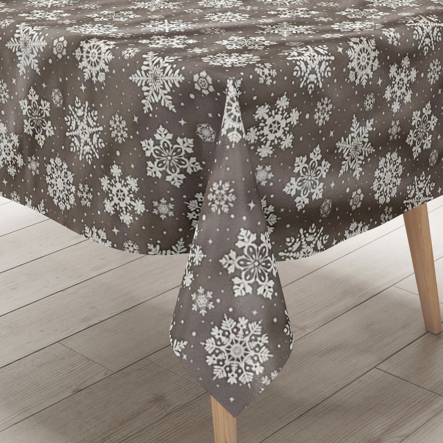 KEVKUS Wachstuch Tischdecke CY33 taupe Schneeflocken Weihnachten Winter wählbar in eckig, rund und oval -