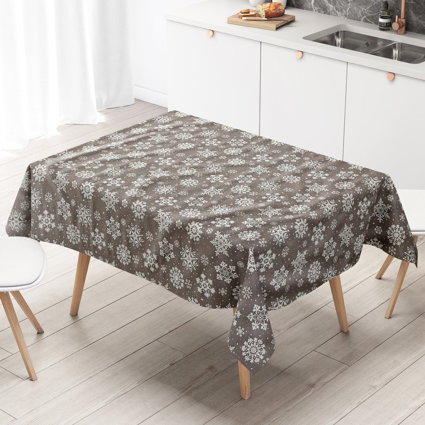 KEVKUS Wachstuch Tischdecke CY33 taupe Schneeflocken Weihnachten Winter wählbar in eckig, rund und oval -