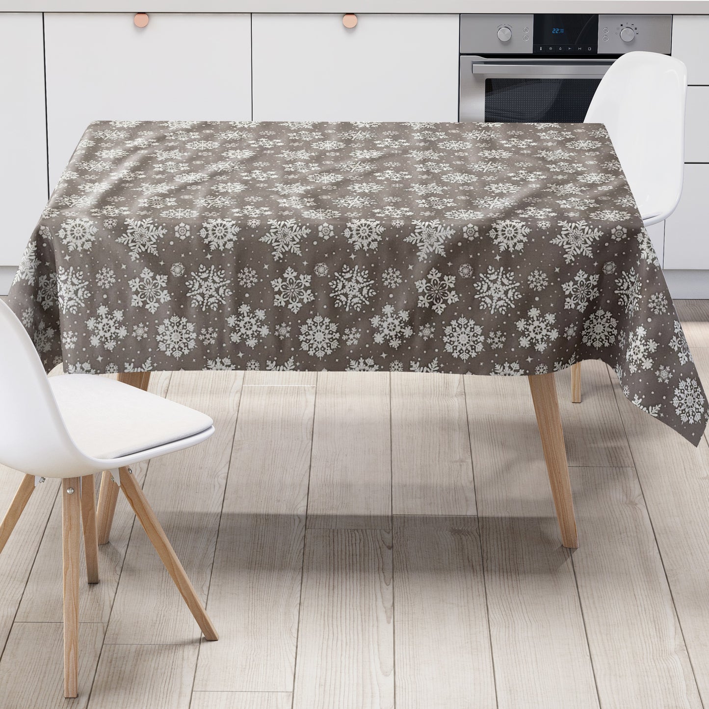 KEVKUS Wachstuch Tischdecke CY33 taupe Schneeflocken Weihnachten Winter wählbar in eckig, rund und oval -