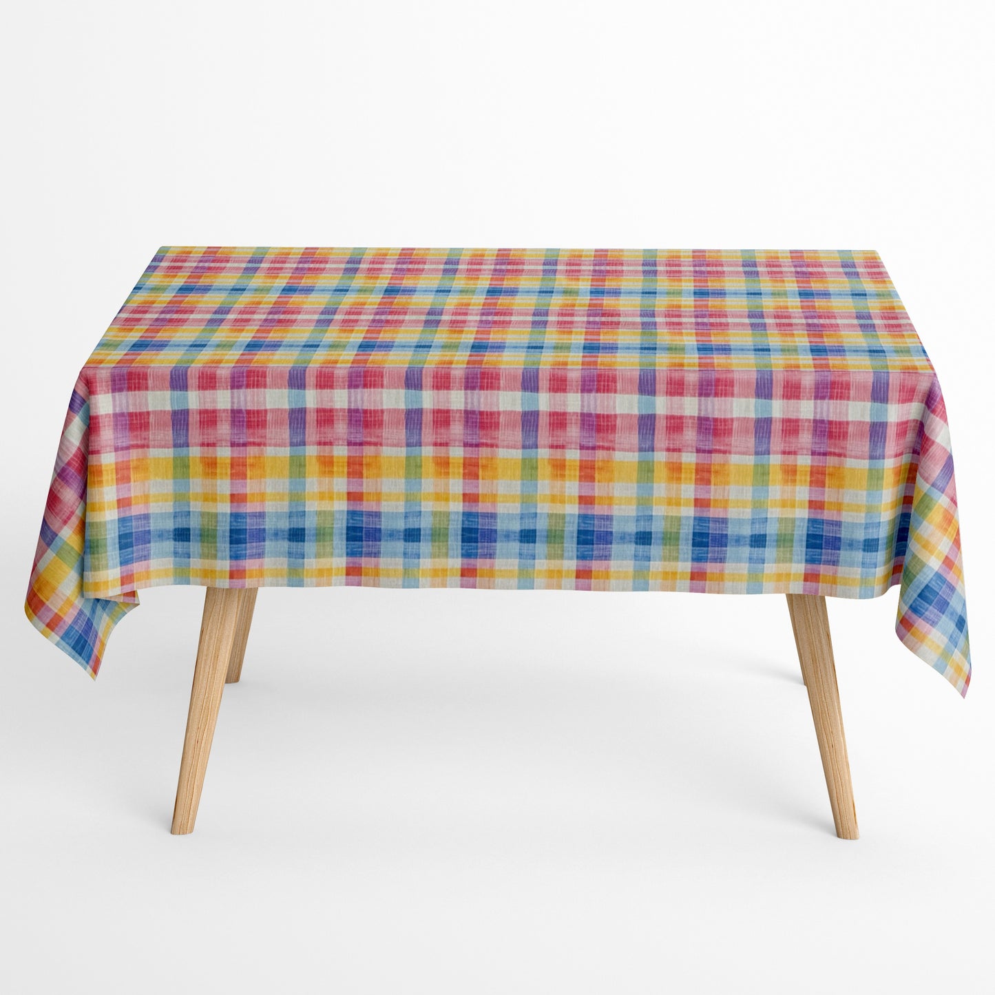 Die jacquard Tischdecke aus beschichteter Baumwolle zeigt ein klassisches Karomuster in lebendigen Farben wie Rot, Blau, Gelb und Grün. Die feine Webstruktur verleiht Tiefe, während die Beschichtung sie fleckenabweisend und pflegeleicht macht.