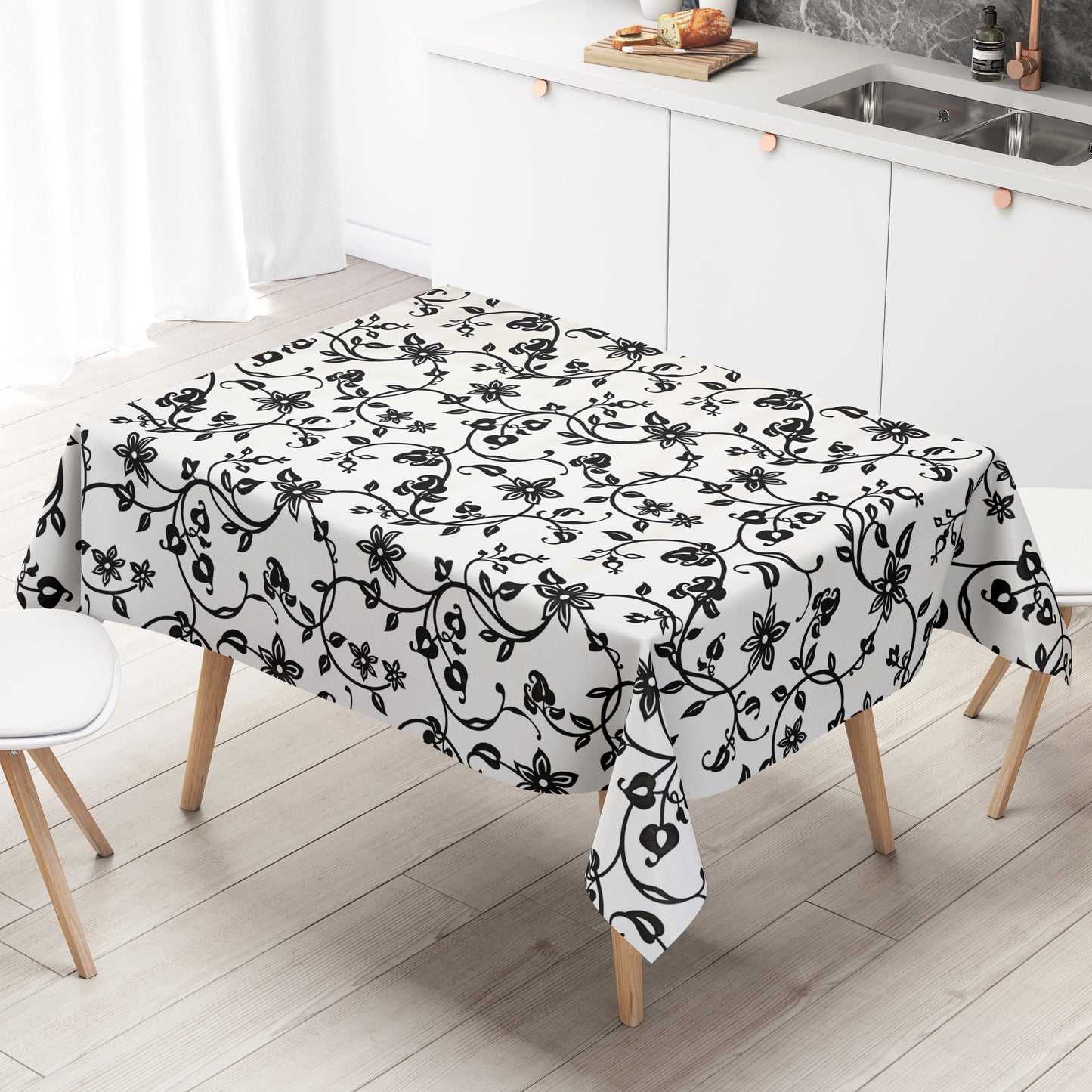 Wachstuch Tischdecke schwarz weiss Blumen Elegant