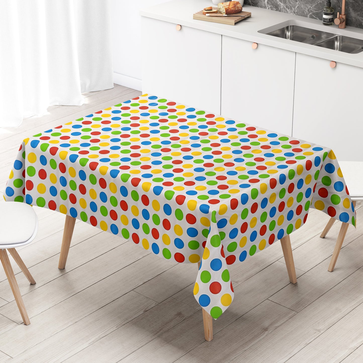 Wachstuch Tischdecke bunte Punkte auf weiss