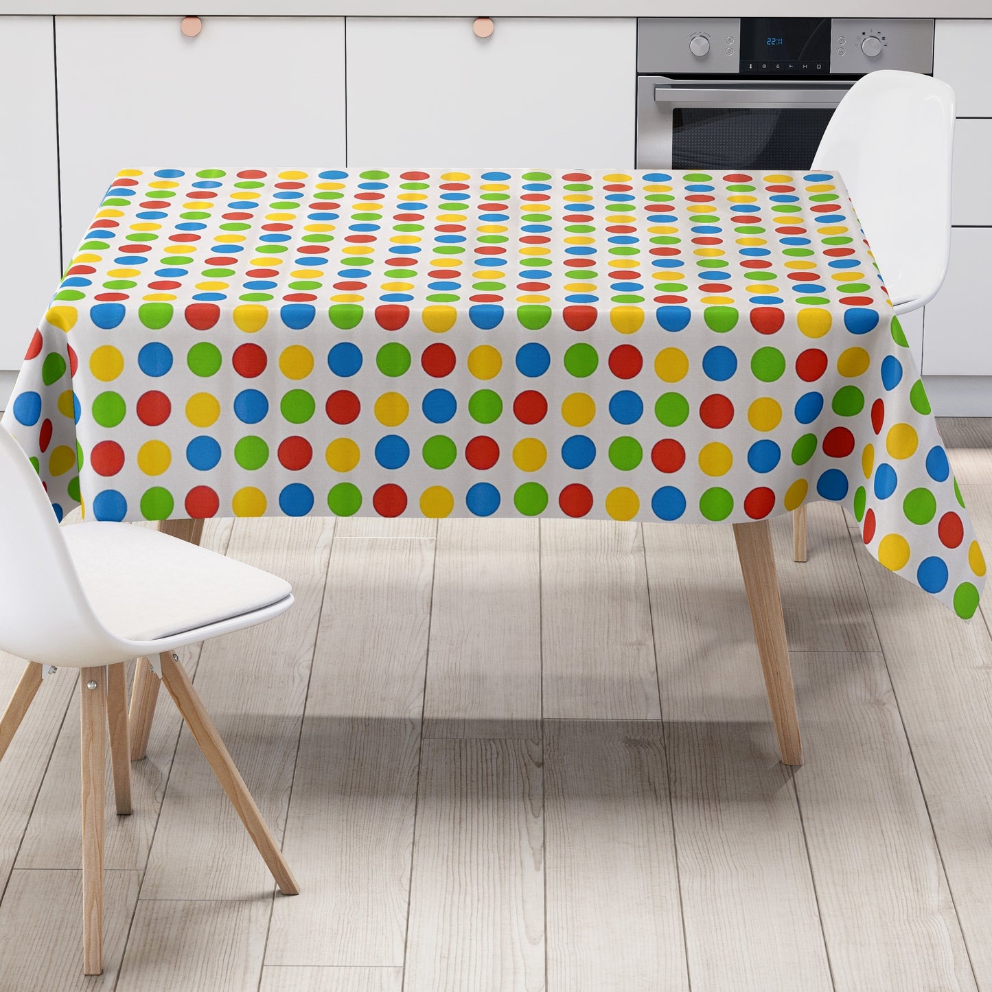 Wachstuch Tischdecke bunte Punkte auf weiss