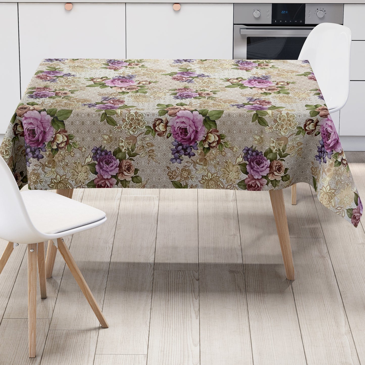 Wachstuch Tischdecke K230A Rosen Blüten auf taupe und gold eckig rund oval