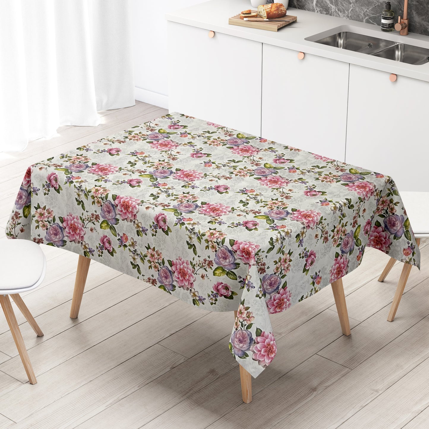 Wachstuch Tischdecke K86C Rosen Blüten auf weiss eckig rund oval