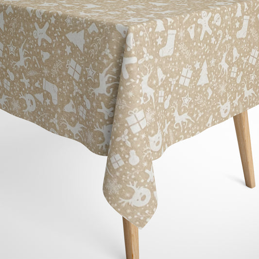 Nappe en coton Noël Avent LINERA beige cadeaux rennes carré rond ovale