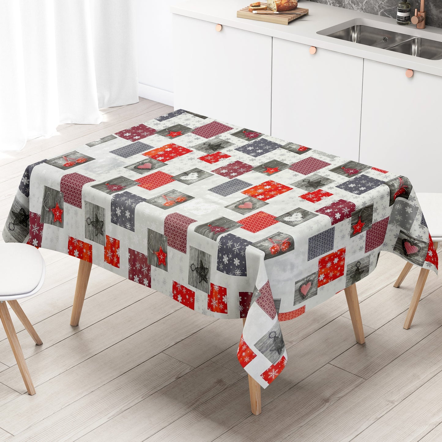 KEVKUS Wachstuch Tischdecke P1033-3 rot grau silber Weihnachten Advent Schneeflocken wählbar in eckig, rund und oval -