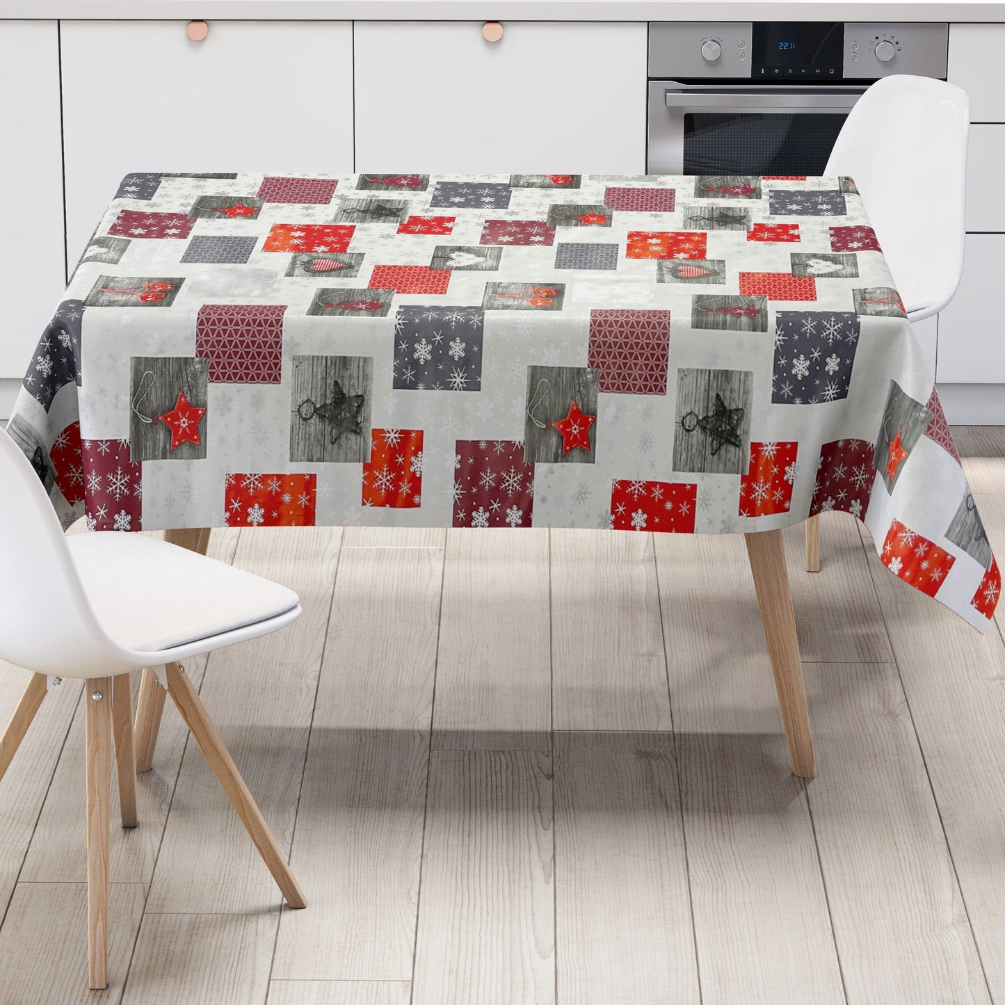 KEVKUS Wachstuch Tischdecke P1033-3 rot grau silber Weihnachten Advent Schneeflocken wählbar in eckig, rund und oval -
