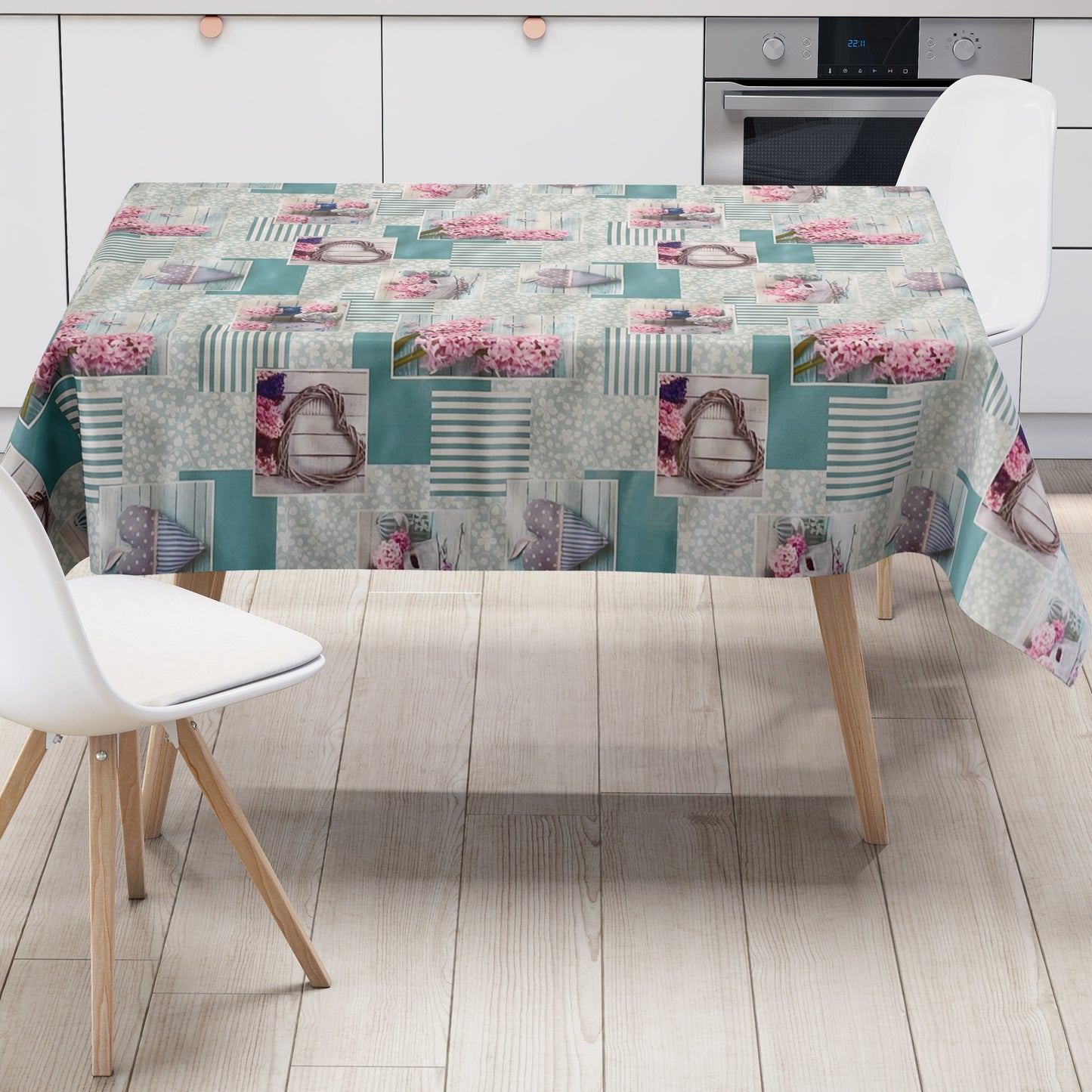 Wachstuch Tischdecke P1043-1 Hyazinthen Herzen Blumen türkis rosa Ostern Frühjahr eckig rund oval