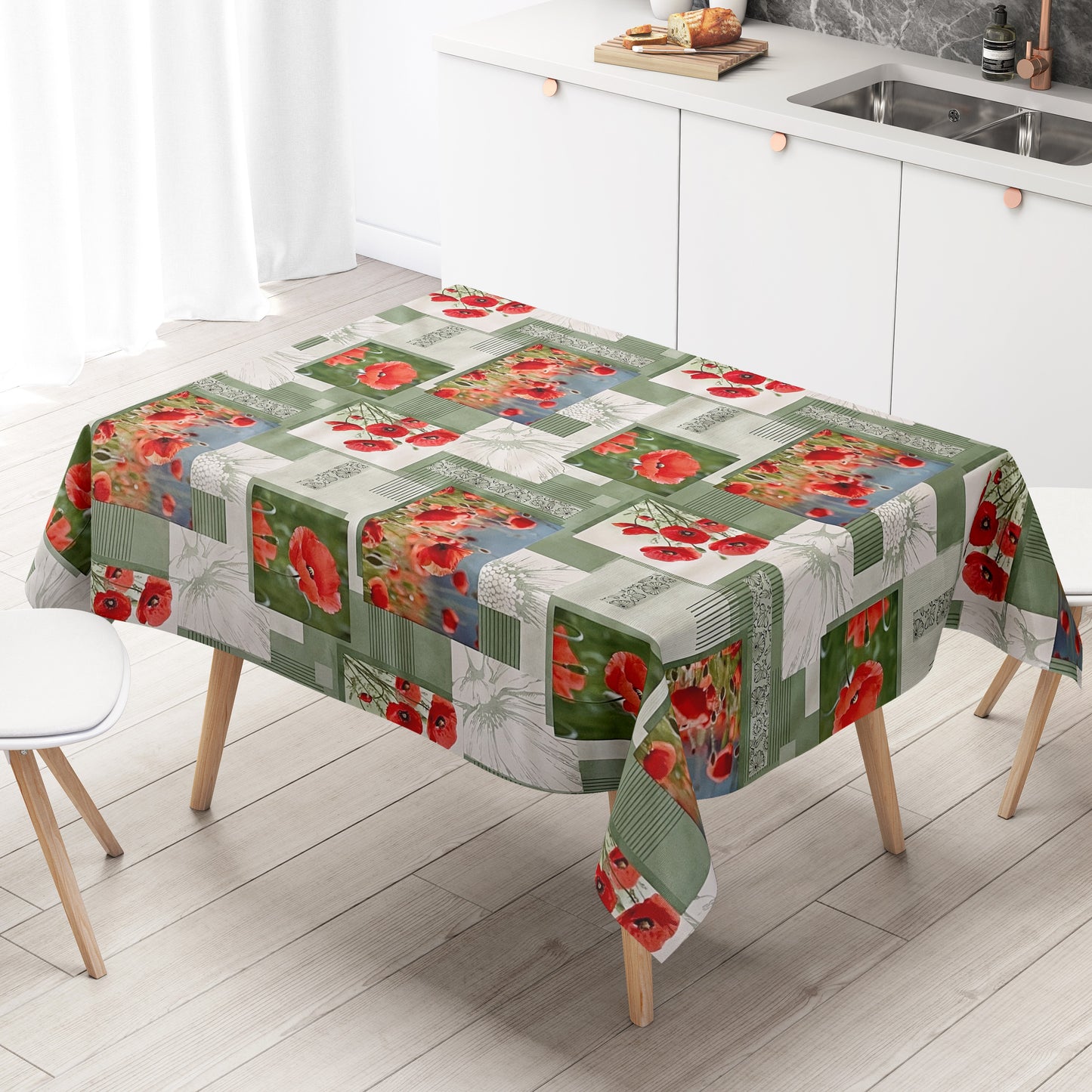 KEVKUS Wachstuch Tischdecke P1089-2 grün Mohnblumen Blüten wählbar in eckig, rund und oval -