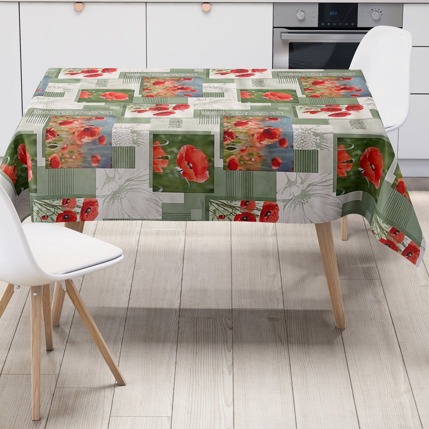 KEVKUS Wachstuch Tischdecke P1089-2 grün Mohnblumen Blüten wählbar in eckig, rund und oval -