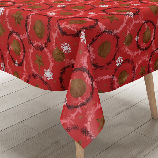 Wachstuch Tischdecke Weihanchten Schneeflocken Weihnachtskugeln rot