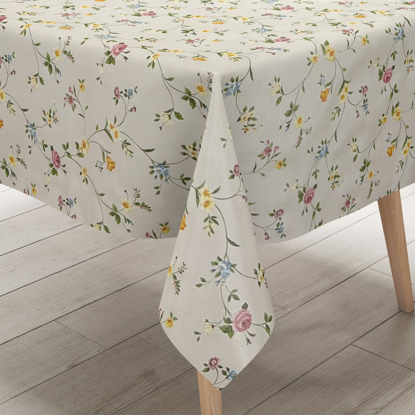 Nappe en toile cirée P672-1 vrilles florales fleurs sur beige classique carré rond ovale lavable pvc
