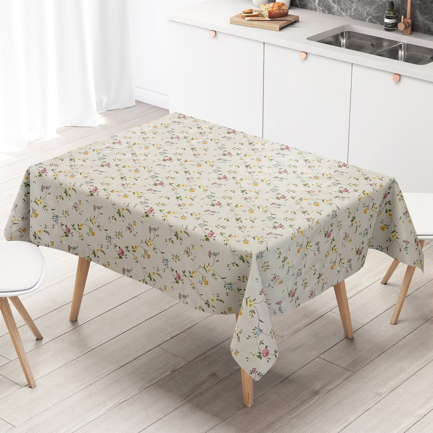 Nappe en toile cirée P672-1 vrilles florales fleurs sur beige classique carré rond ovale lavable pvc