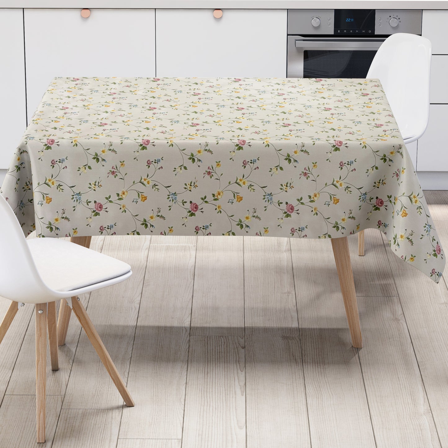 Nappe en toile cirée P672-1 vrilles florales fleurs sur beige classique carré rond ovale lavable pvc