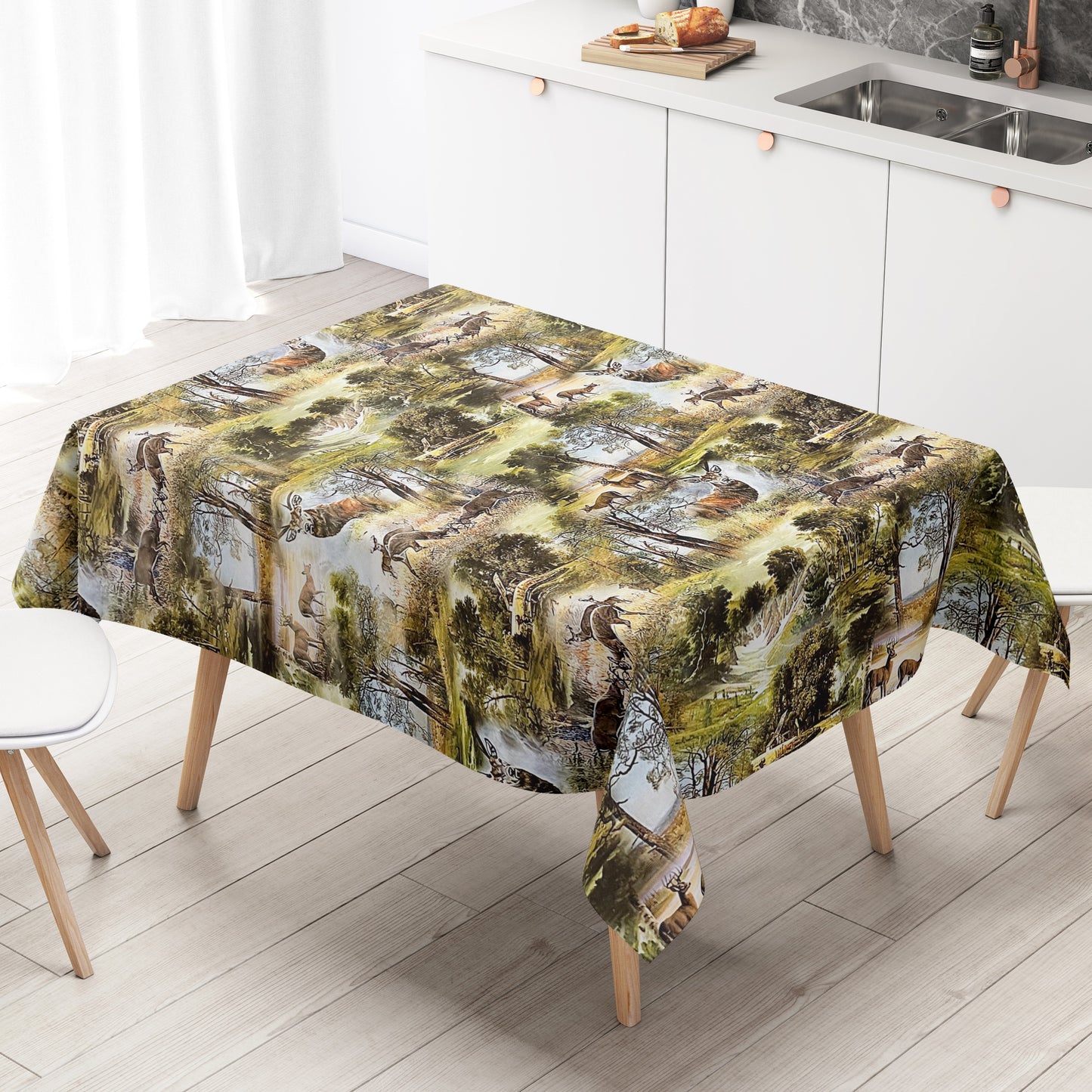 KEVKUS Wachstuch Tischdecke P739-1 Jagdmotiv Wildmotiv Wald wählbar in eckig, rund und oval -