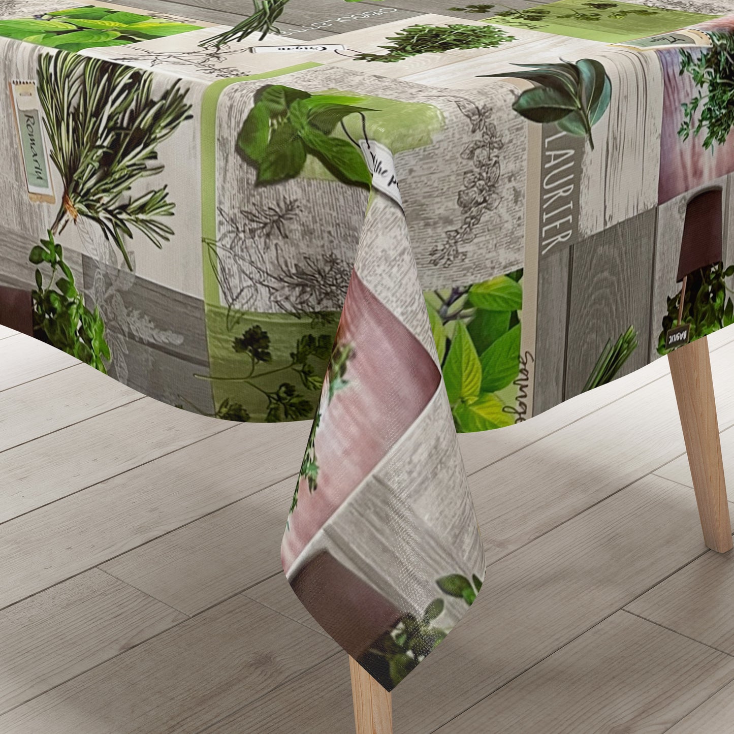 Wachstuch Tischdecke Kräuter Holz