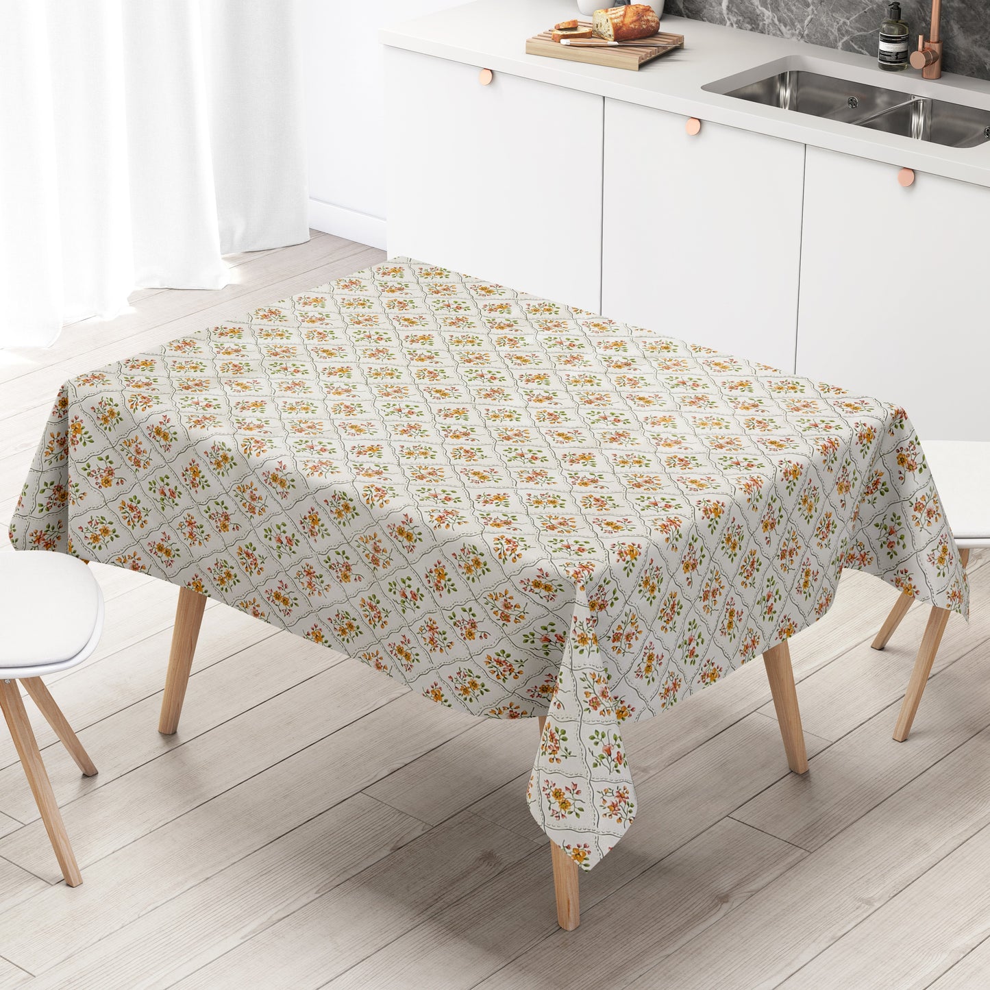 Wachstuch Tischdecke Übergröße Blumen Blüten beige