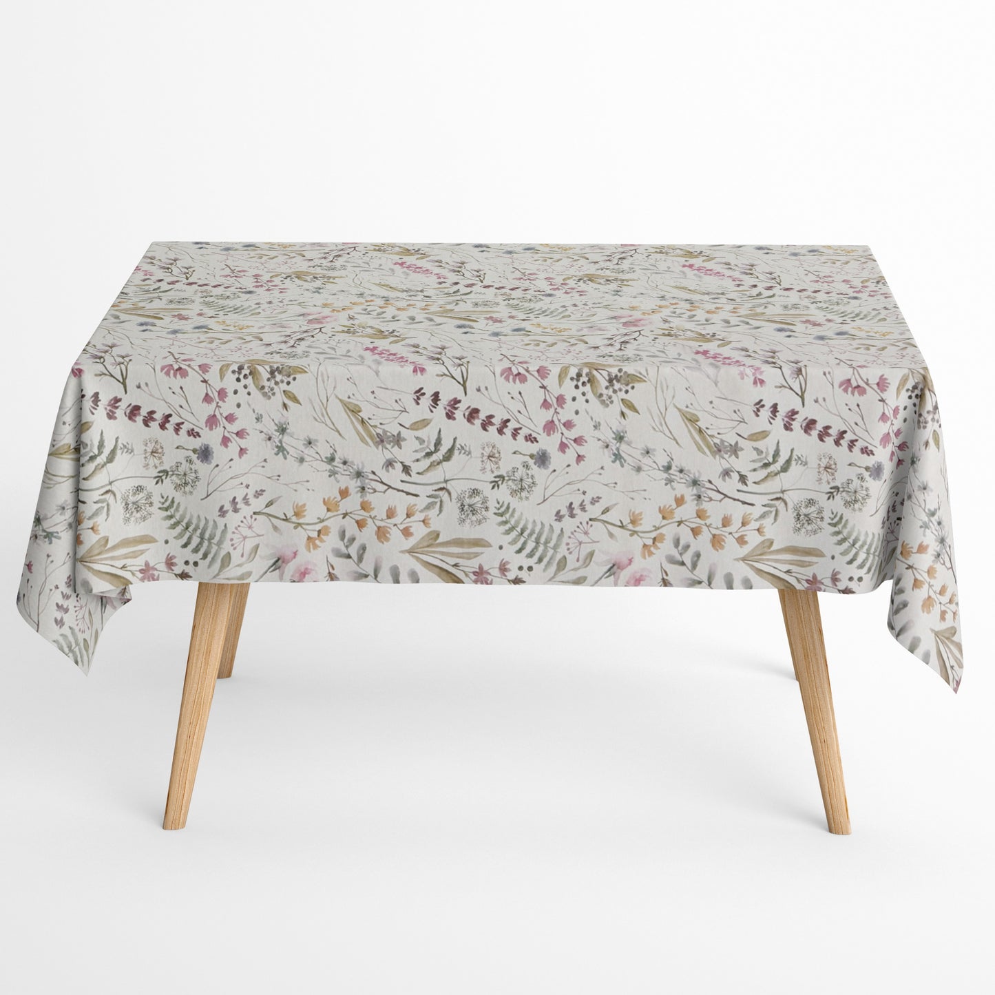 Jacquard Tischdecke aus beschichteter Baumwolle mit zartem, naturinspiriertem Blumen- und Zweigmuster in sanften Pastelltönen, fleckenabweisend und pflegeleicht.