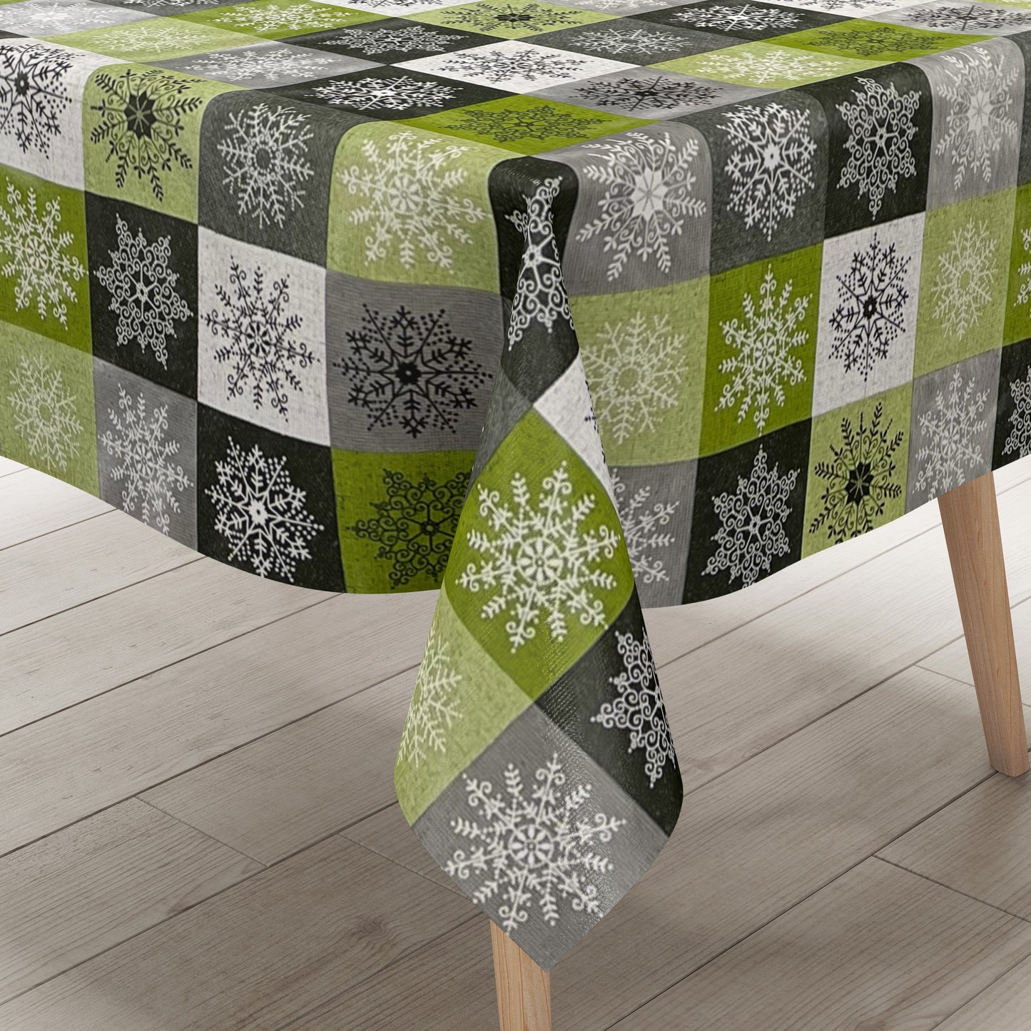 KEVKUS oilcloth tablecloth Christmas 01355-04 snowflakes check green gray silver square round oval