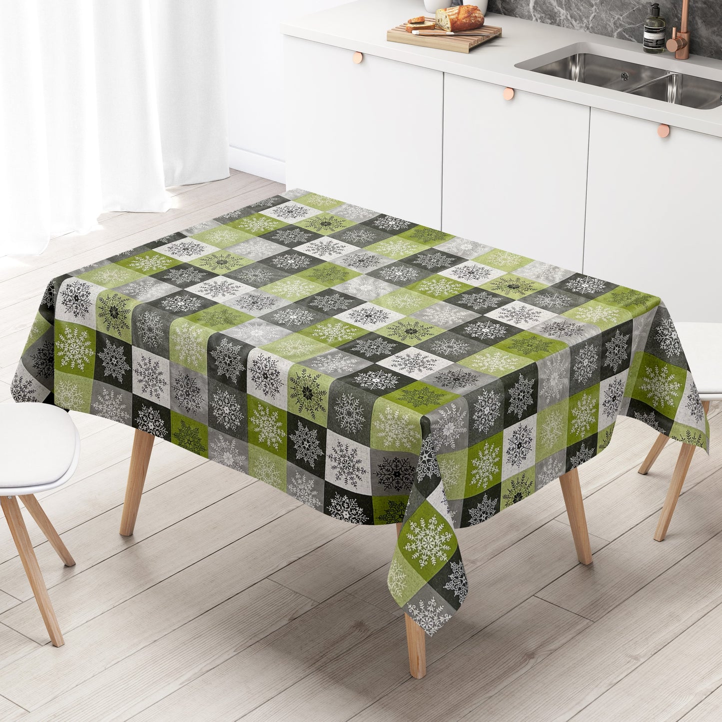 KEVKUS oilcloth tablecloth Christmas 01355-04 snowflakes check green gray silver square round oval