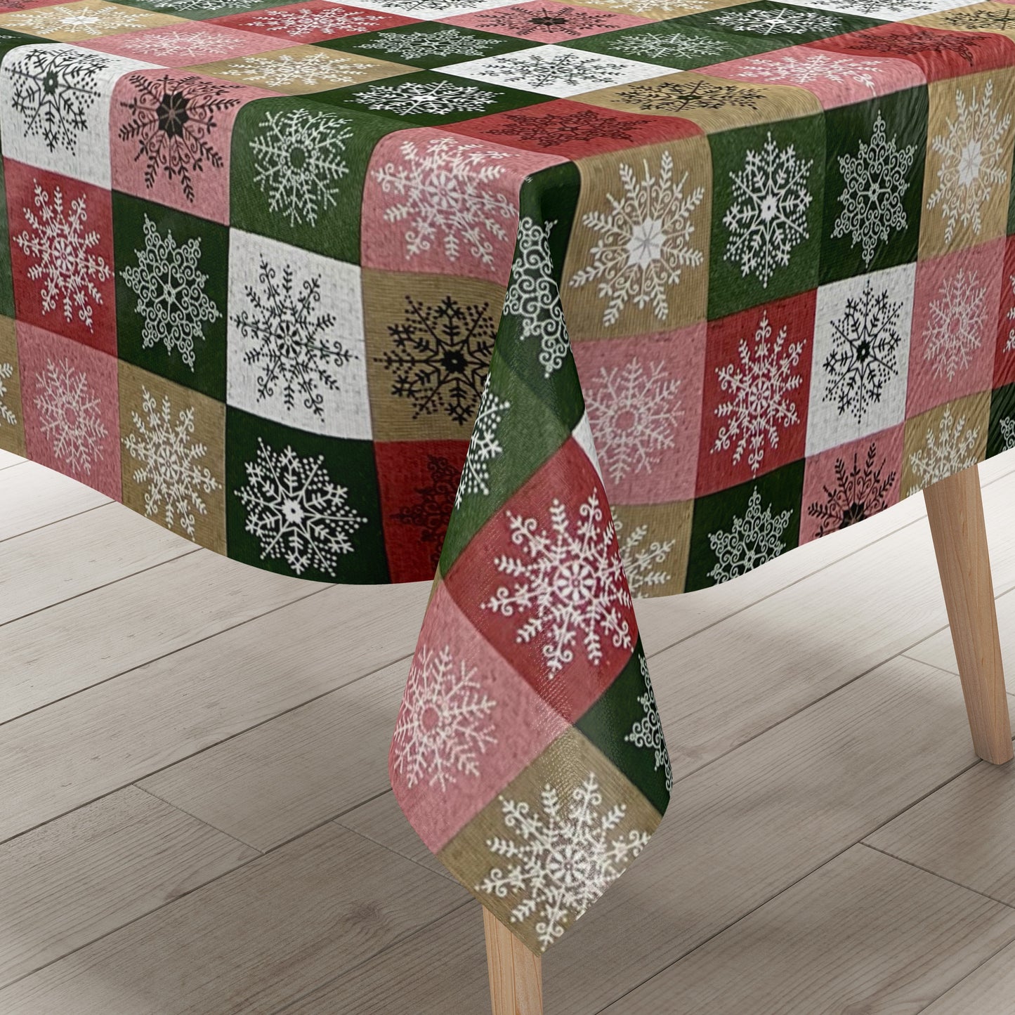 KEVKUS oilcloth tablecloth Christmas 01355-05 snowflakes check red green gold square round oval