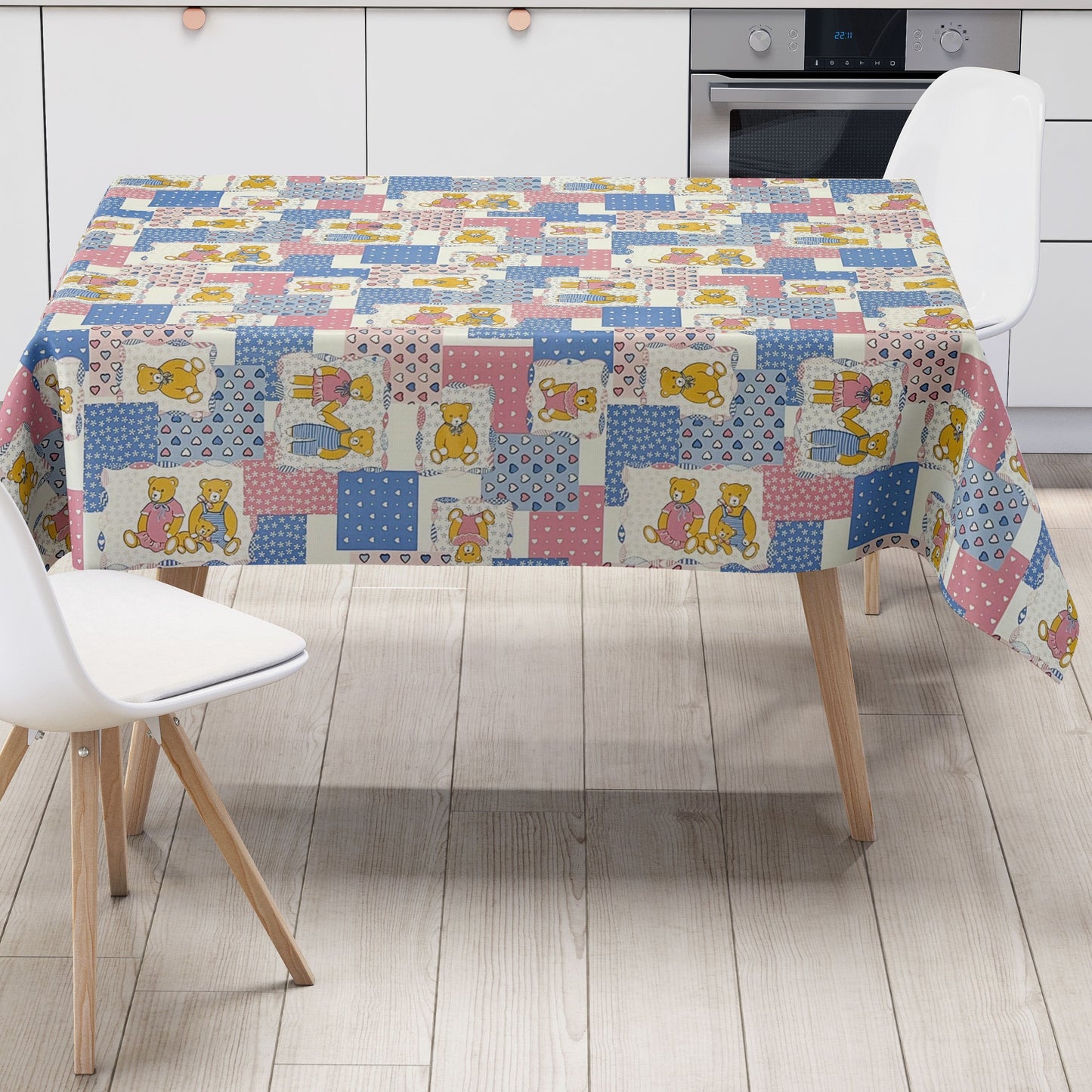 Nappe toile cirée 4068-15 motif enfant teddy rose bleu clair carrée ronde ovale