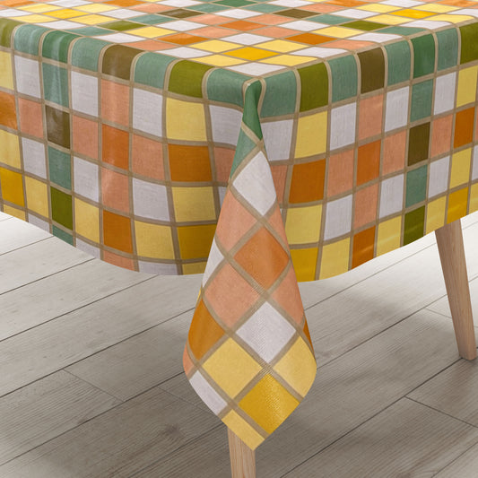 abwaschbare Tischdecke, Wachstuchtischdecke, Wachstuch, eckig rund oval Fliesen Mosaik orange grün gelb