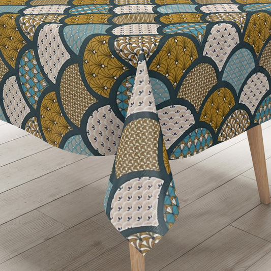 Nappe en toile cirée gaufrée Noël B5033-03 cônes or turquoise pétrole carré rond ovale