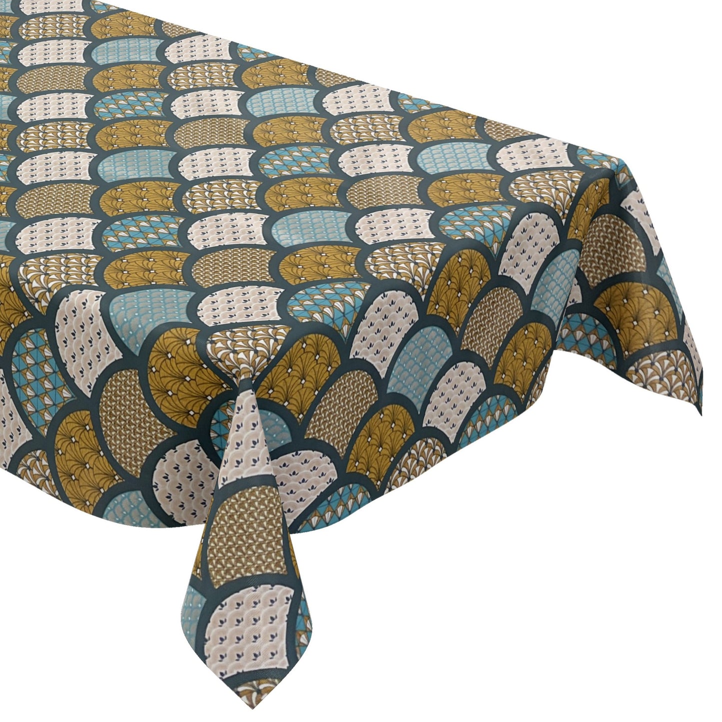Nappe en toile cirée gaufrée Noël B5033-03 cônes or turquoise pétrole carré rond ovale