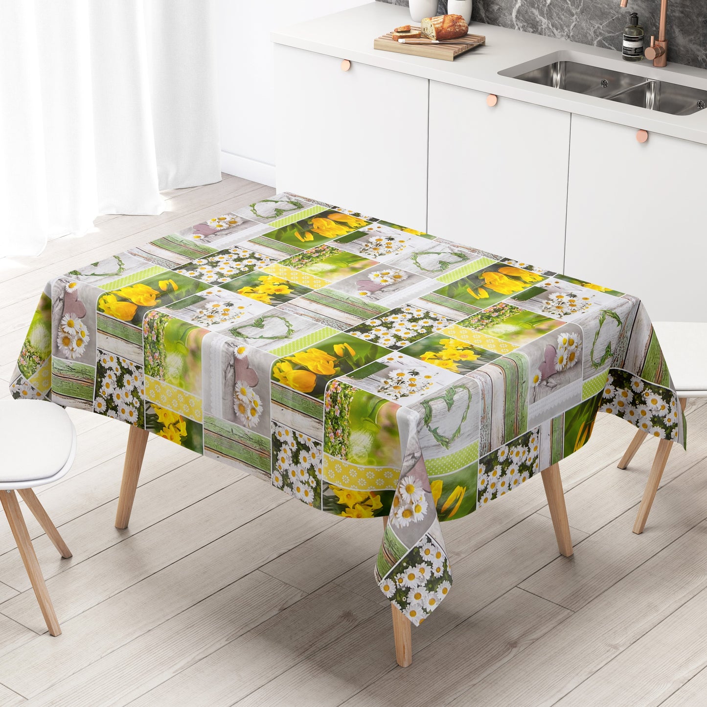 Oilcloth tablecloth B6004-01 daffodils tulips spring square round oval