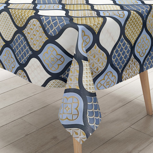 Nappe en toile cirée gaufrée Noël B6014-05 cônes or bleu bleu clair carré rond ovale