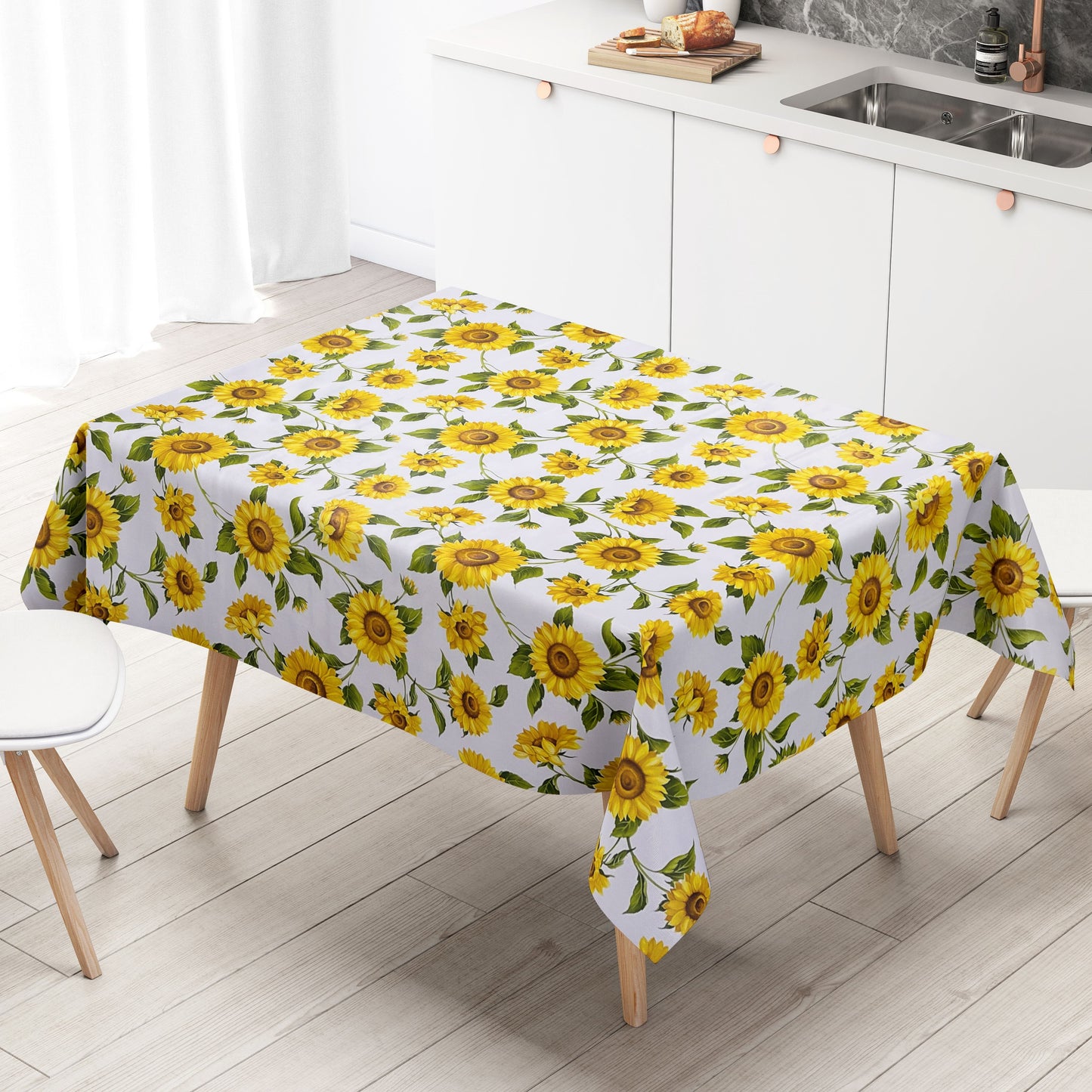 Oilcloth tablecloth B8988-01 Sunflowers on white square round oval