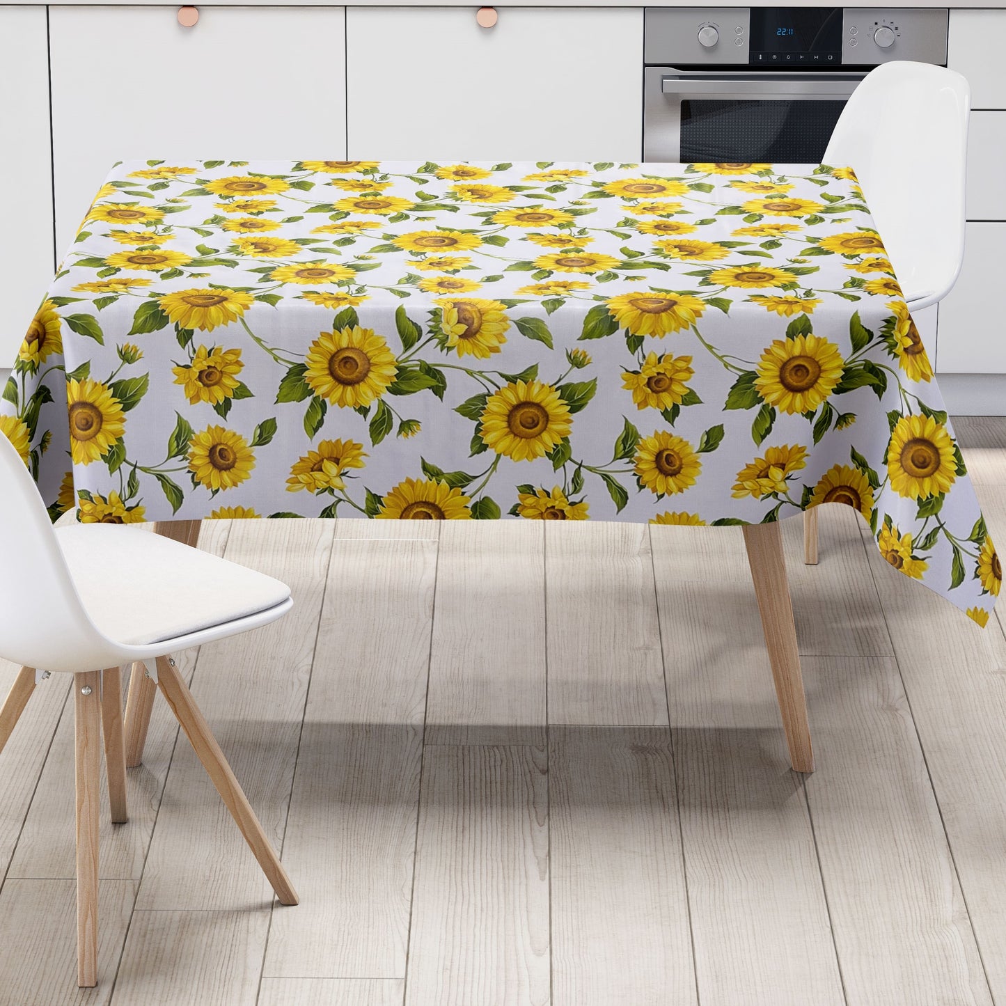 Oilcloth tablecloth B8988-01 Sunflowers on white square round oval