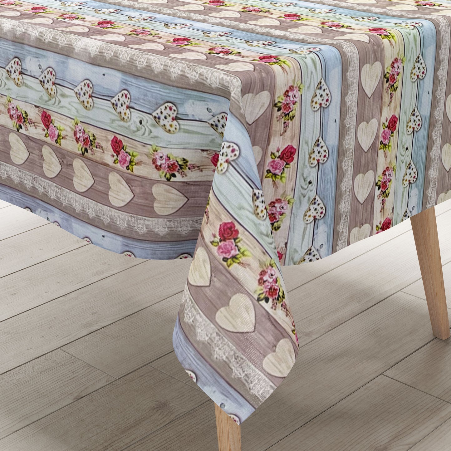 Oilcloth tablecloth B9066-01 wooden hearts alpine hut square round oval