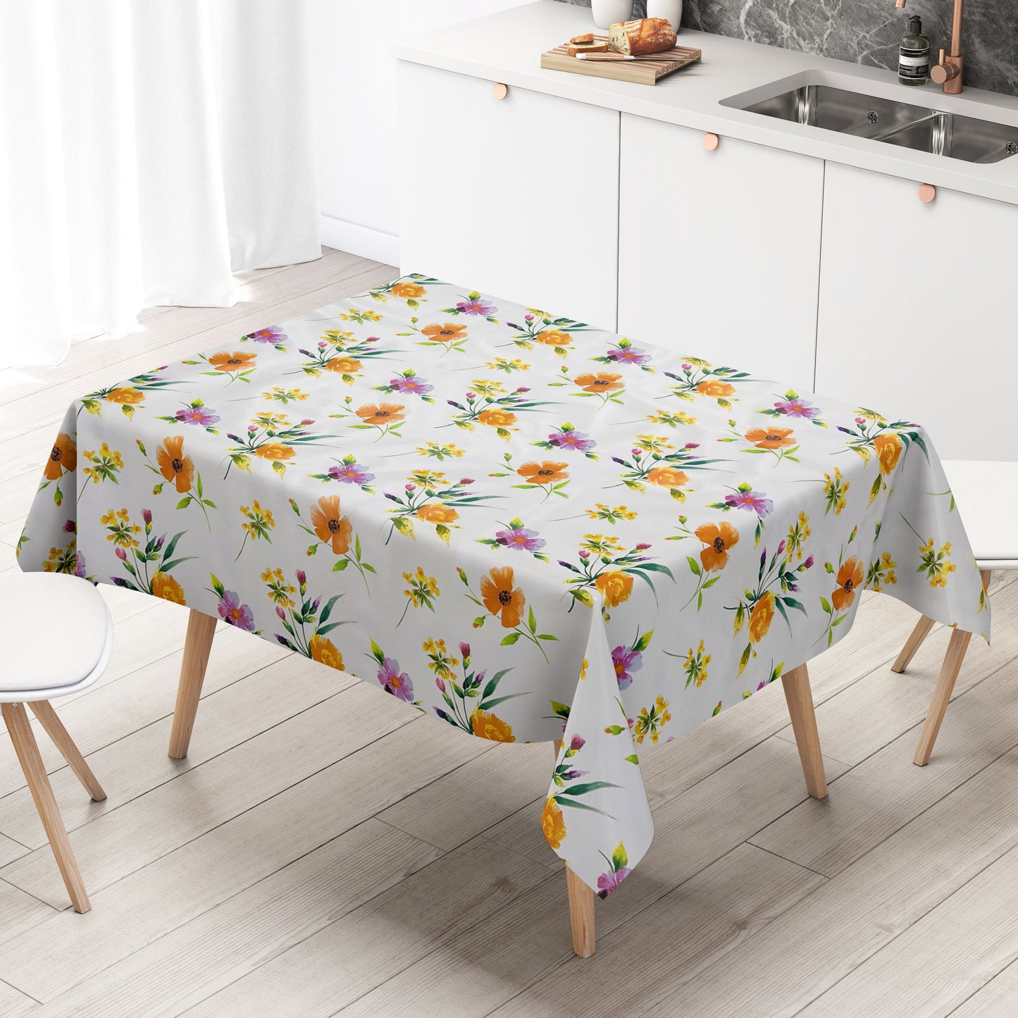 Wachstuch Tischdecke BA50 Mohnblumen Blüten auf weiß eckig rund oval