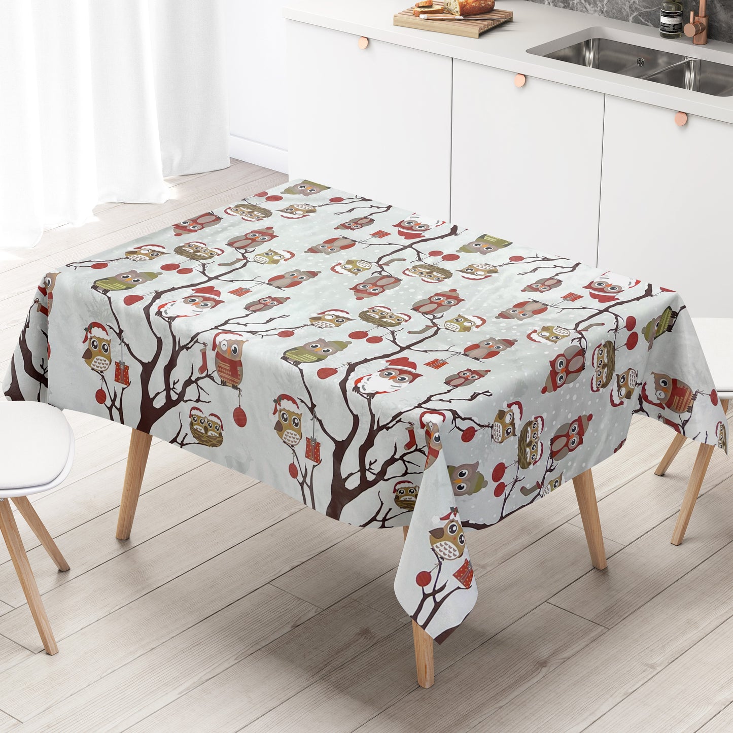 KEVKUS oilcloth tablecloth Christmas C144340 owl on gray X-Mas square round oval