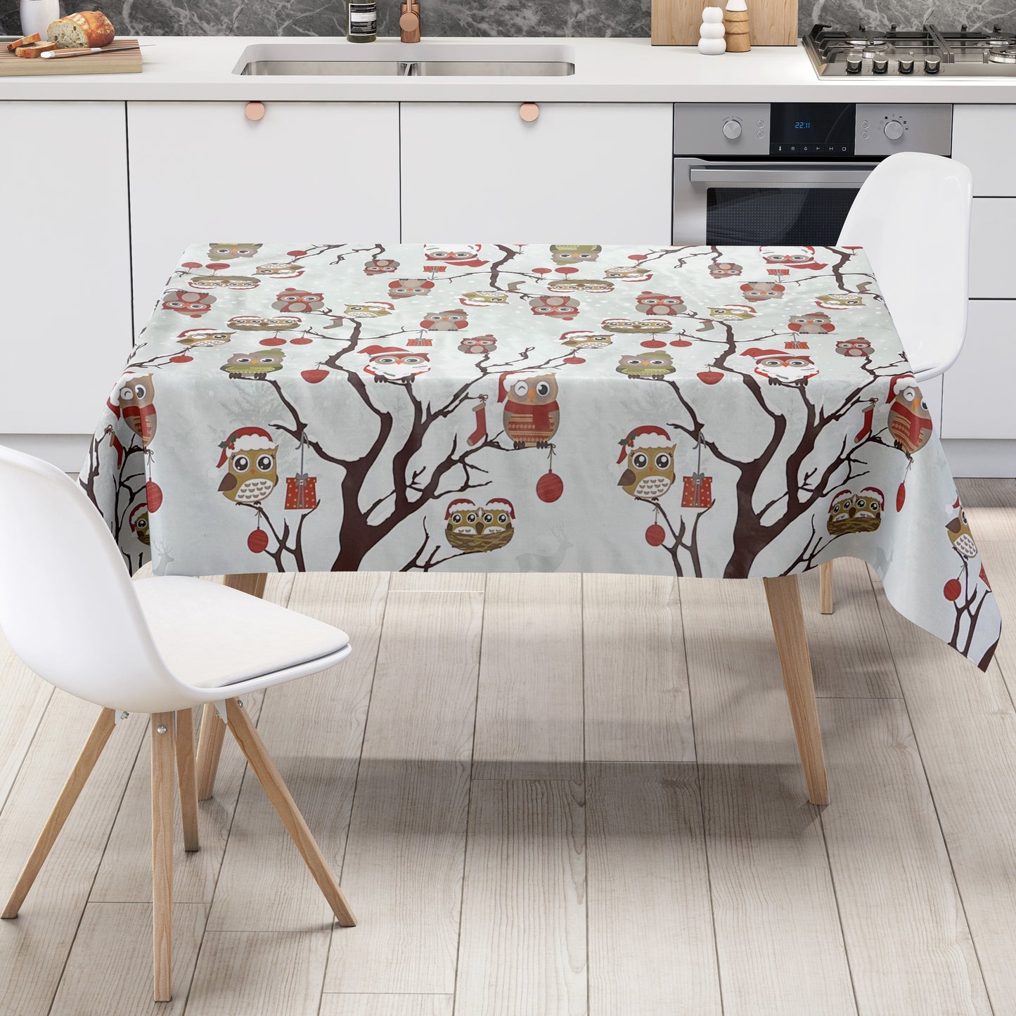 KEVKUS oilcloth tablecloth Christmas C144340 owl on gray X-Mas square round oval