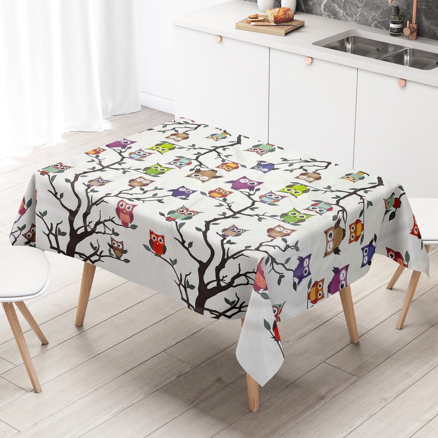 Oilcloth tablecloth C144341 Owl Owl Kautz on white square round oval