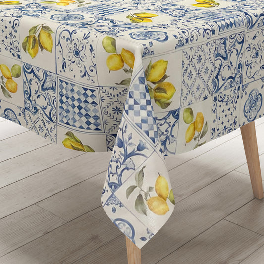 Wachstuch Tischdecke Fliesen blau Bürgel Zitrone